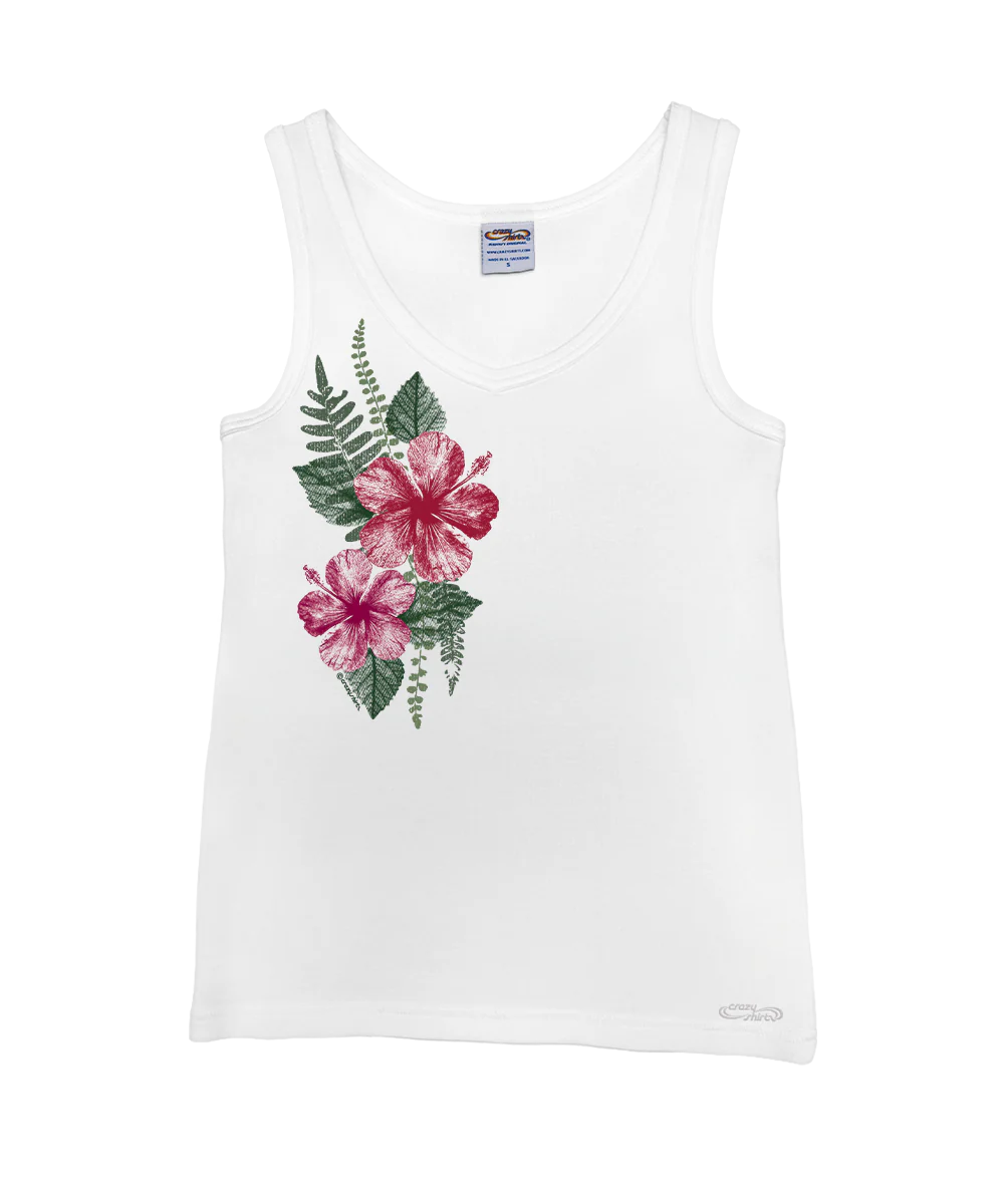 Women's Pressed Hibiscus - White Sleeveless Island Breeze Tank