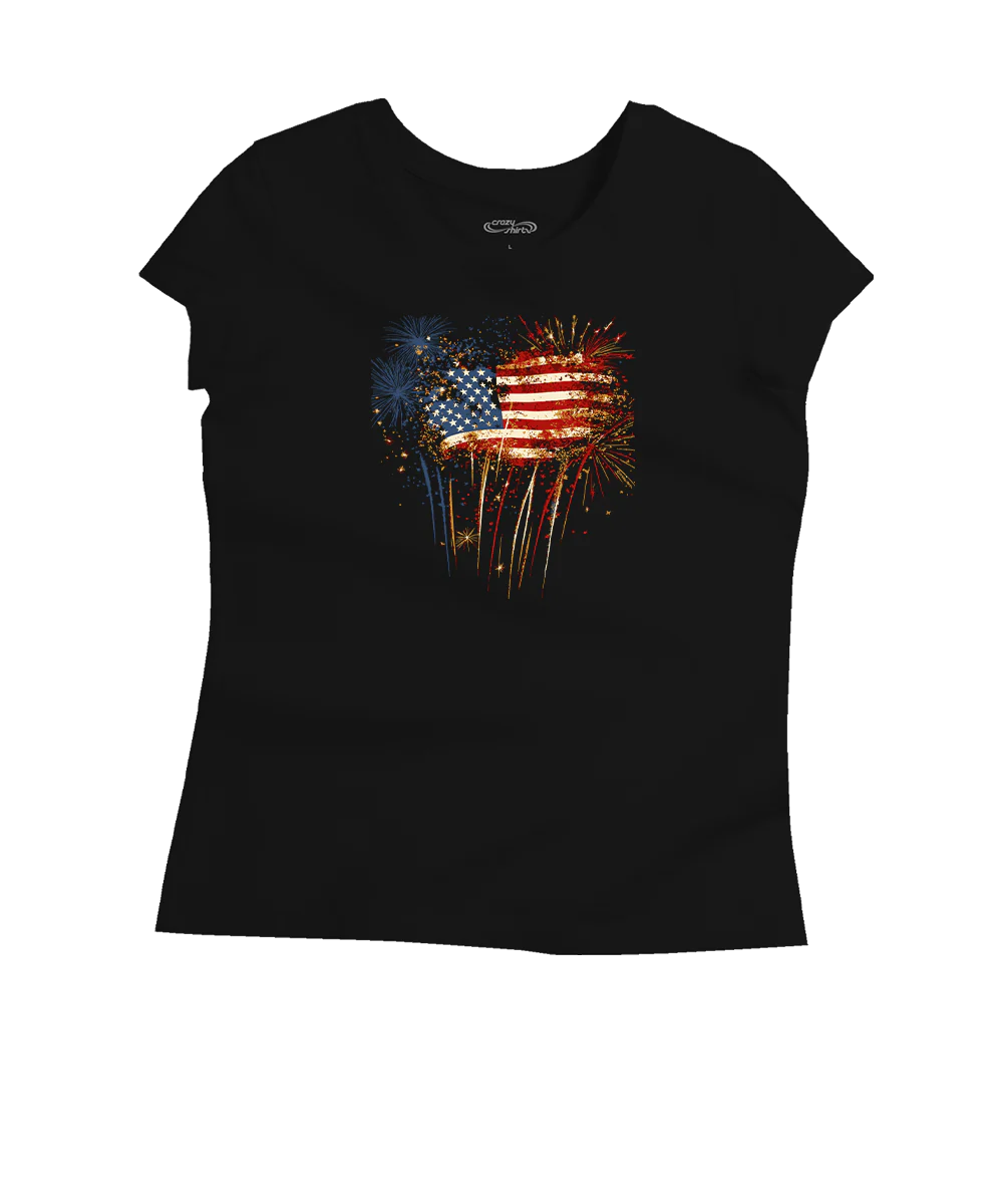 Women's Fireworks Flag - Jet Black Short Sleeve Pima T-Shirt
