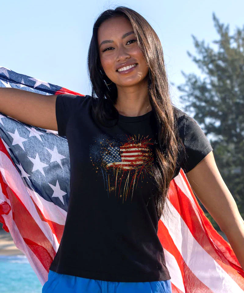 Women's Fireworks Flag - Jet Black Short Sleeve Pima T-Shirt - Image 5