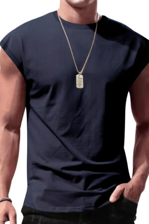 New Men's Sleeveless Summer Casual Sports Loose Men's Sleeveless Undershirt Vest Dark Blue