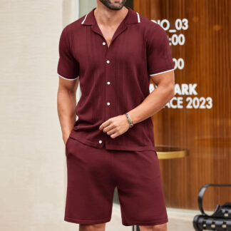 European and American Business Casual Knit Two-Piece Set Ice Cool Silk Knit Polo Shirt Set Wine Red