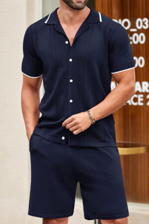 European and American Business Casual Knit Two-Piece Set Ice Cool Silk Knit Polo Shirt Set Dark Blue