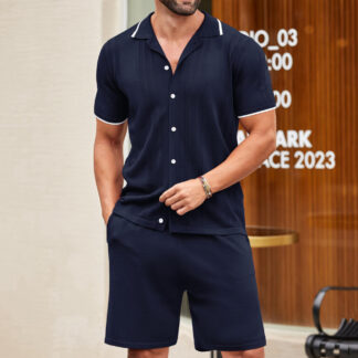 European and American Business Casual Knit Two-Piece Set Ice Cool Silk Knit Polo Shirt Set Dark Blue