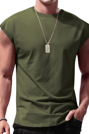 New Men's Sleeveless Summer Casual Sports Loose Men's Sleeveless Undershirt Vest Army Green